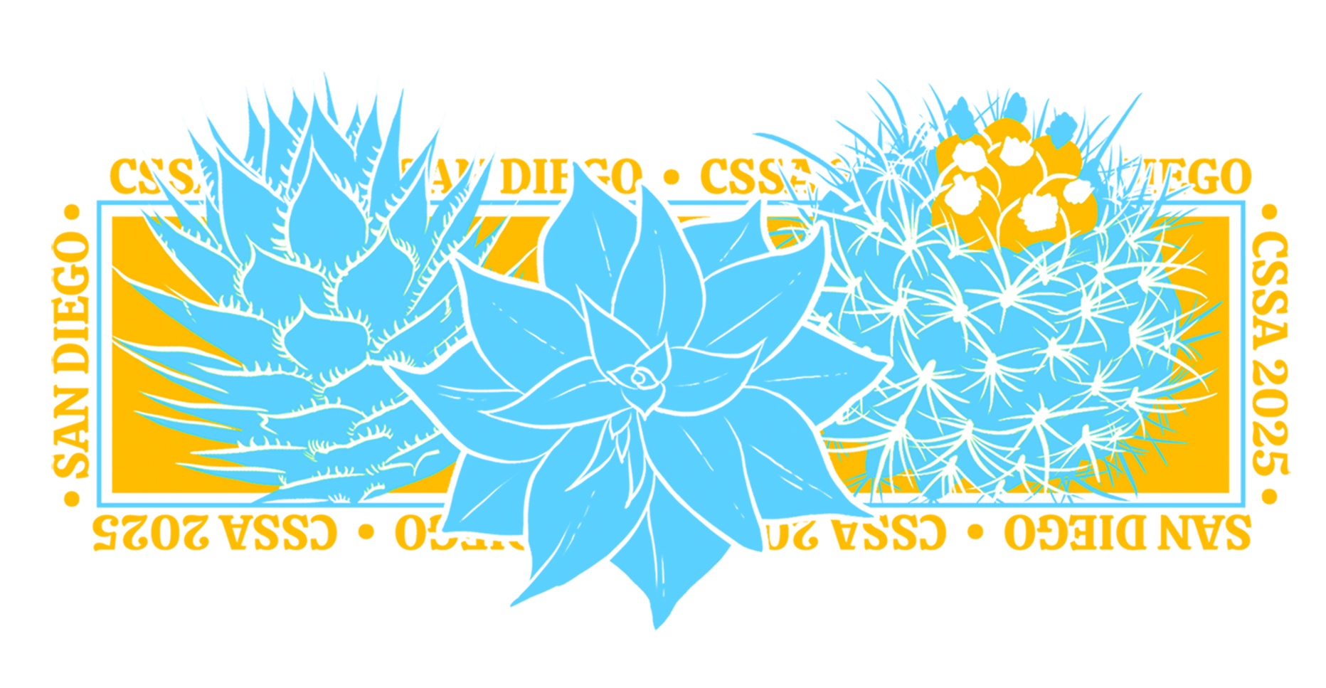 The San Deigo CSSA 2025 convention logo, which features an Agave, a Dudleya, and a Cactus.in blue, in front of a golden rectangle