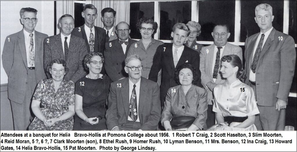 Lyman Benson lined up with contemporaries at a banquet for Helia Bravo-Hollis at Pomona College circa 1956. Additionally pictured Robert Craig, Scott Haselton, Slim Moorten, Reid Moran, Howard Gates, Mrs Benson, and others. Photo by George Lindsay.